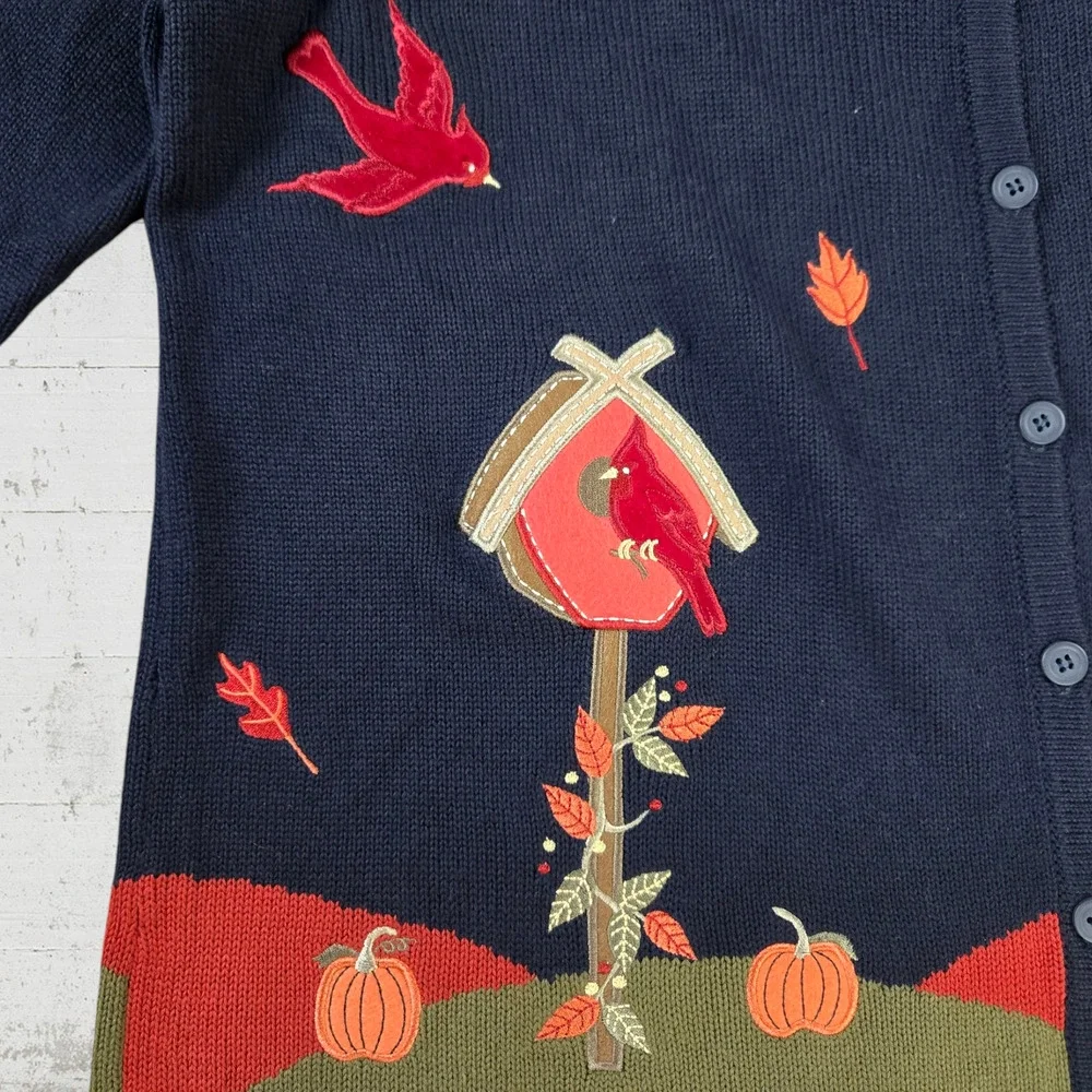 Y2K Navy Cardinal Fall Embroidered Wearable Art Knit Cardigan Sweater Size 14